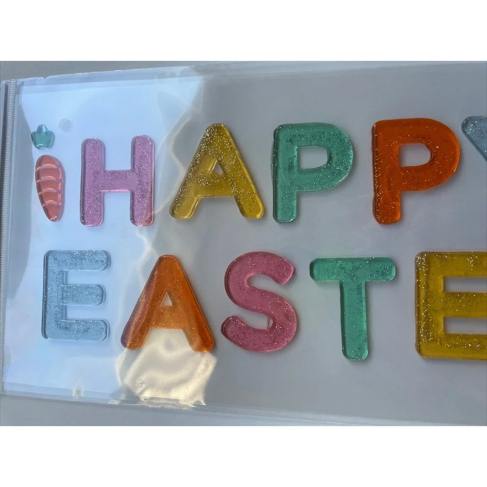 NEW Glittery Shiny HAPPY EASTER Eggs CUTE Window Gel Clings Stickers 14 ct Decor